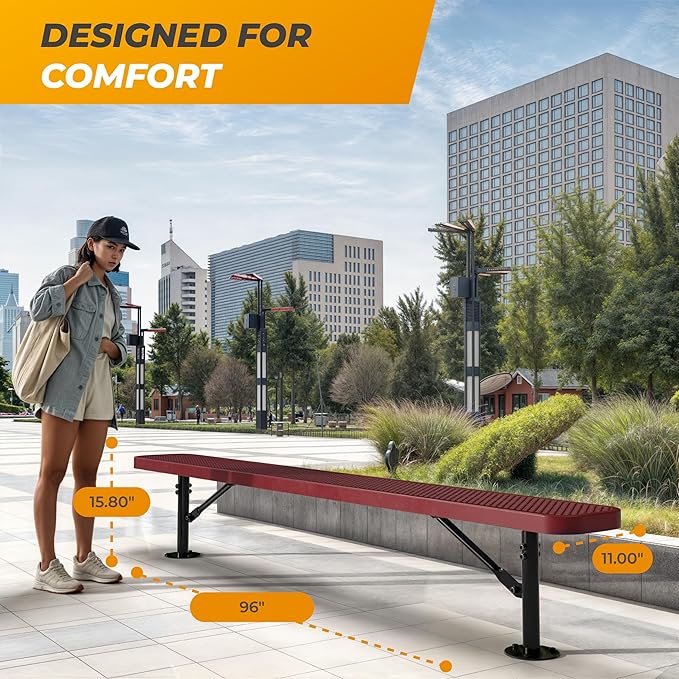 Heavy-Duty Outdoor Metal Bench, Thermoplastic-Coated, Surface, Weatherproof, Commercial-Grade for Parks, Gardens, Patios, Stores & More (8 Ft - Surface, Red)