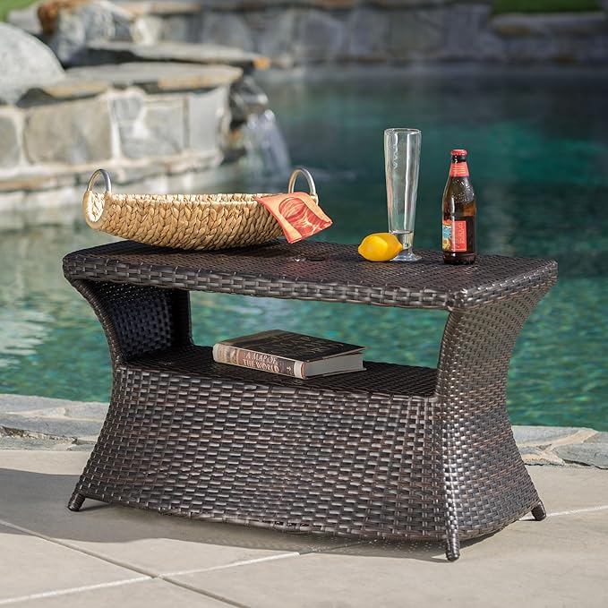 Outdoor Rattan Side Table with Umbrella Hole, All Weather 2 Tier Rattan Wicker Coffee End Table with Storage Shelf for Garden Porch Deck Backyard, No Assembly Required (Brown)