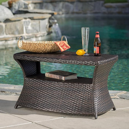 Outdoor Rattan Side Table with Umbrella Hole, All Weather 2 Tier Rattan Wicker Coffee End Table with Storage Shelf for Garden Porch Deck Backyard, No Assembly Required (Brown)