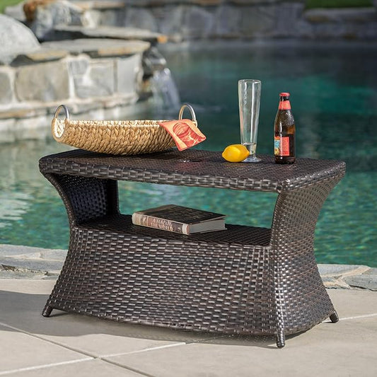 Outdoor Rattan Side Table with Umbrella Hole, All Weather 2 Tier Rattan Wicker Coffee End Table with Storage Shelf for Garden Porch Deck Backyard, No Assembly Required (Brown)