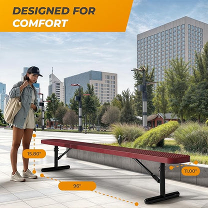 Heavy-Duty Outdoor Metal Bench, Thermoplastic-Coated, Portable, Weatherproof, Commercial-Grade for Parks, Gardens, Patios, Stores & More (8 Ft - Portable, Red)