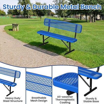 6FT Outdoor Metal Bench Park Benches for Outside, Blue Heavy Duty Long Steel Bench with Back, Commercial Garden Bench Expanded Metal Bench Seat for Lawn, Park, Deck, Garden, Patio, Porch