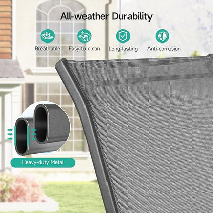 Patio Chairs Set of 2, All Weather Breathable Stackable Outdoor Dining Chairs with High Back and Wide Seat, Easily Set Up Outdoor Chairs Set of 2 with Metal Frame for Backyard Garden Pool, Grey