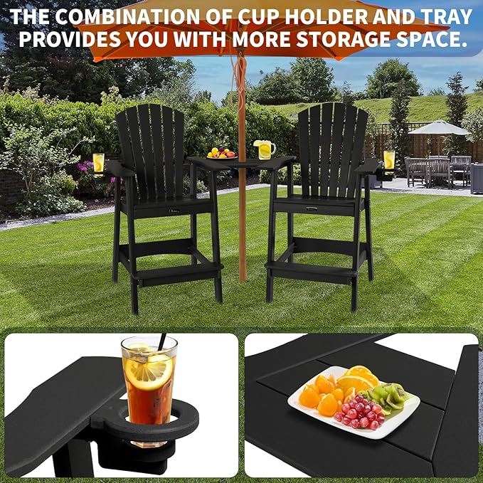 FUNBERRY Tall Adirondack Chairs Set of 2 with Removable Connecting Table, All Weather High Top Balcony Chair with Cup Holders