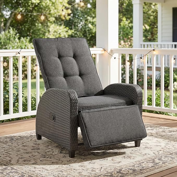 Green4ever Outdoor Patio Recliner with Adjustable Backrest and Footrest, All-Weather Wicker Patio Chair, 160° Lay Flat Patio Reclining Lounge Chair for Garden Backyard, Grey