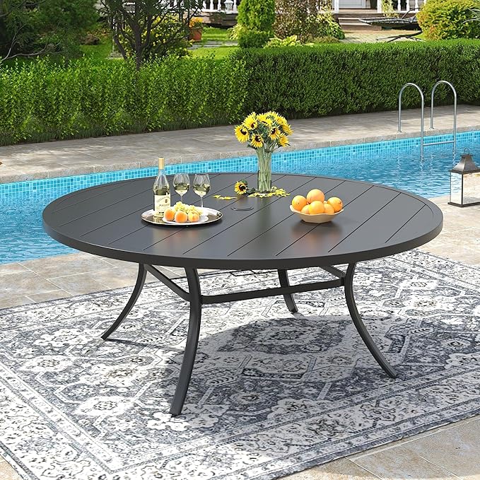 VICLLAX 60" Outdoor Round Patio Dining Table for 8-10, All Weather Metal Dining Table with Umbrella Hole for Deck Lawn Garden Backyard, Black