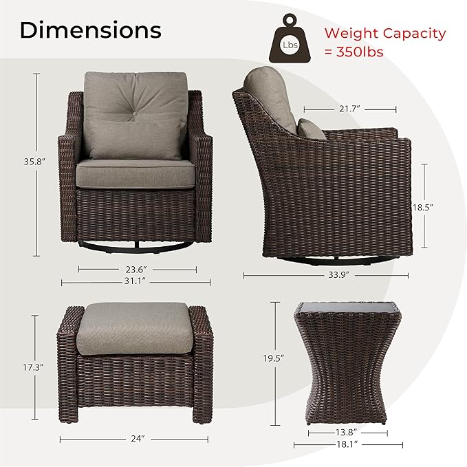 CHITA 5 Pieces Swivel Wicker Patio Furniture Set, Outdoor Conversation Set with 2 Pieces Rattan Rocking Swivel Chairs - Photo 6