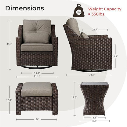 CHITA 5 Pieces Swivel Wicker Patio Furniture Set, Outdoor Conversation Set with 2 Pieces Rattan Rocking Swivel Chairs, 2 Pieces Ottomans, Thickened Cushions and Side Table