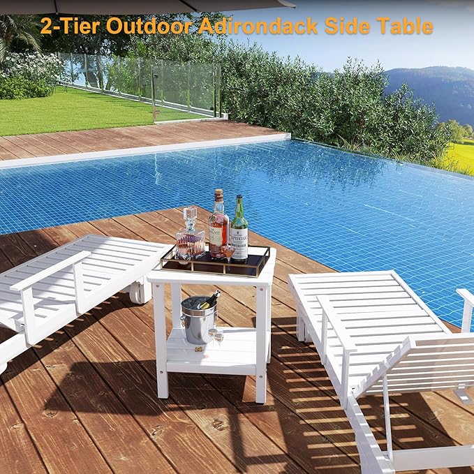 Outdoor Side Table, 17.7-Inch Small Patio Adirondack Side Table with Adjustable Feet, Outdoor End Table for Porch Deck Balcony Pool, All-Weather HDPE Material Easy Maintenance, White