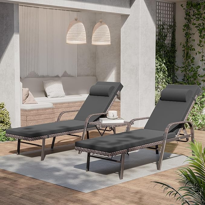 3 Pieces Patio Chaise Lounge Set Outdoor PE Rattan Armrest Lounge Chair Adjustable Backrest Reclining Chair with - Photo 8