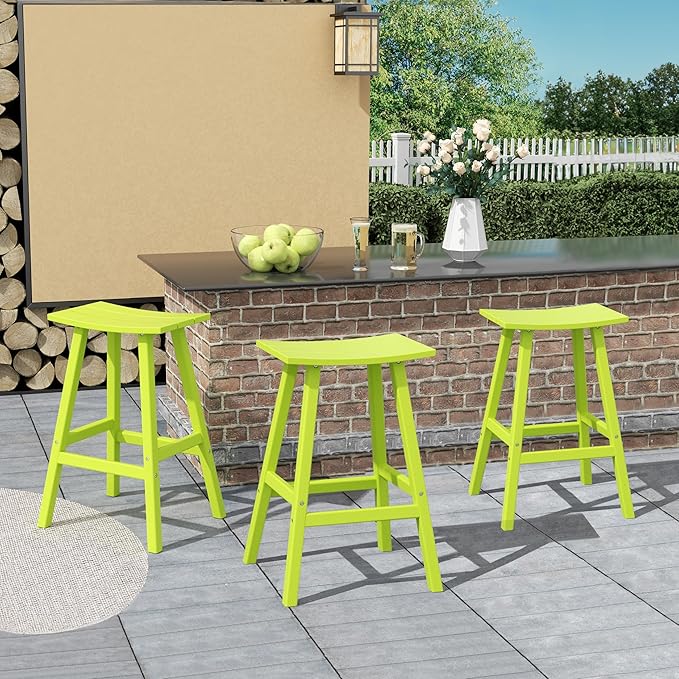 Costaelm All-Weather Bar Stools Set of 3, 29" Height Outdoor Bar Stools, Adirondack Poly Patio Bar Stool for Patio, Deck, Kitchen Counter and Garden, Lime