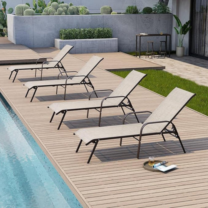 Crestlive Outdoor Chaise Lounge Chair,5-Position Pool Lounge Chairs with Armrests Sunbathing Recliner for Patio,Beach,Deck,Yard (4PC Beige)