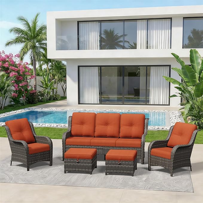 5 Piece Outdoor Wicker Patio Furniture Set, Patio Chairs Set with Thickened Olefin Cushions, High Back and Deep Seating - Photo 9