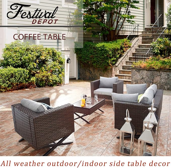 Festival Depot Metal Outdoor Side Coffee End Table Patio Bistro Living Room Dining Table Wood Grain Top Wicker Rattan Furniture with X Shaped Steel Legs Brown Black (Rectangle)