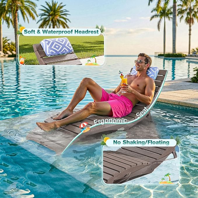nalone Folding Pool Lounge Chairs Set of 2, HDPE Outdoor Pool Chaise Lounge with Pillow, Pre-Assembled Tanning Chairs with Wheels for Pool Beach Patio (2, Sand)