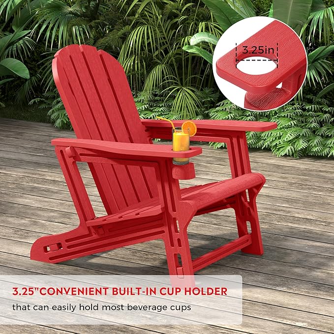 Costaelm Cayman Hardware-Free Assembly Outdoor Patio HDPE Poly Plastic Adirondack Chair with Cup Holder (Set of 2), Red