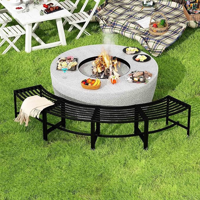 Metal Outdoor Curved Fire Pit Bench Set of 4, Fire Pit Seating Waterproof, Steel Backless Outside Tree Bench for Garden,Patio,Porch,Backyard,Heavy Duty Plant Holder, Style 1, Black