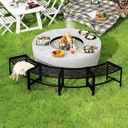 Metal Outdoor Curved Fire Pit Bench Set of 4, Fire Pit Seating Waterproof, Steel Backless Outside Tree Bench for Garden,Patio,Porch,Backyard,Heavy Duty Plant Holder, Style 1, Black