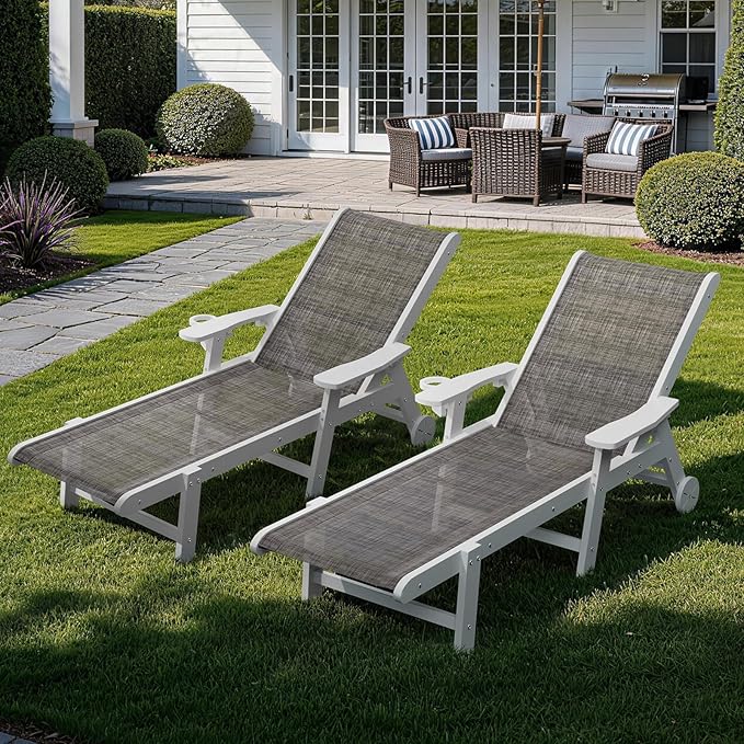 Outdoor Chaise Lounge Chair with Table Set of 3, 5-Position Adjustable Pool Lounge Chair with Wheels & Cup Holder - Photo 8