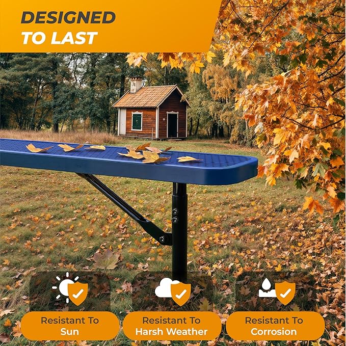 Heavy-Duty Outdoor Metal Bench, Thermoplastic-Coated, Inground, Weatherproof, Commercial-Grade for Parks, Gardens, Patios, Stores & More (4 Ft - Inground, Blue)