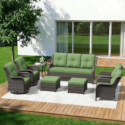 8 Piece Outdoor Wicker Patio Furniture Set, Patio Chairs Set with Thickened Olefin Cushions, High Back and Deep Seating, Hand-Woven PE Rattan, Ottoman for Porch, Deck