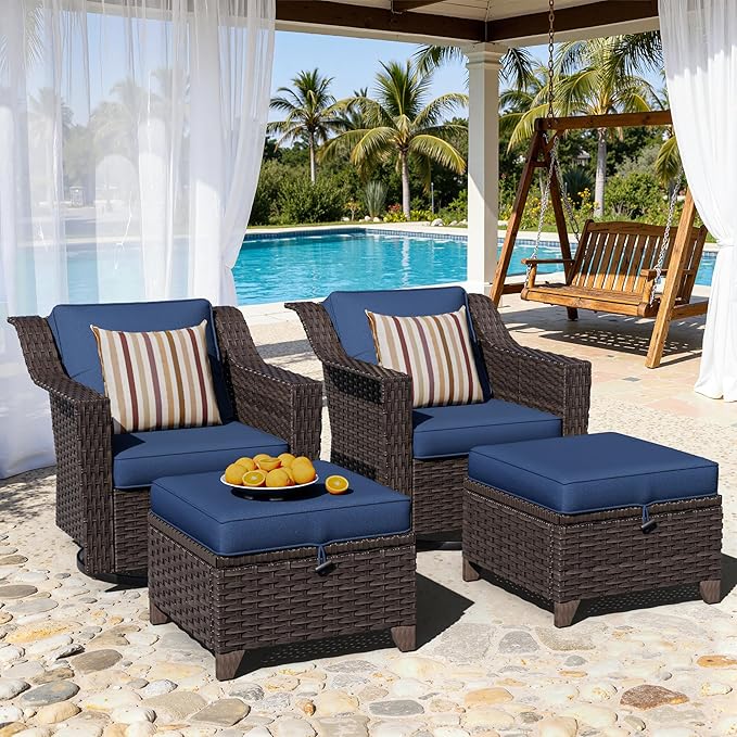 4 Pieces Patio Conversation Furniture Set - 2 Swivel Chairs, 2 Ottomans - Photo 6