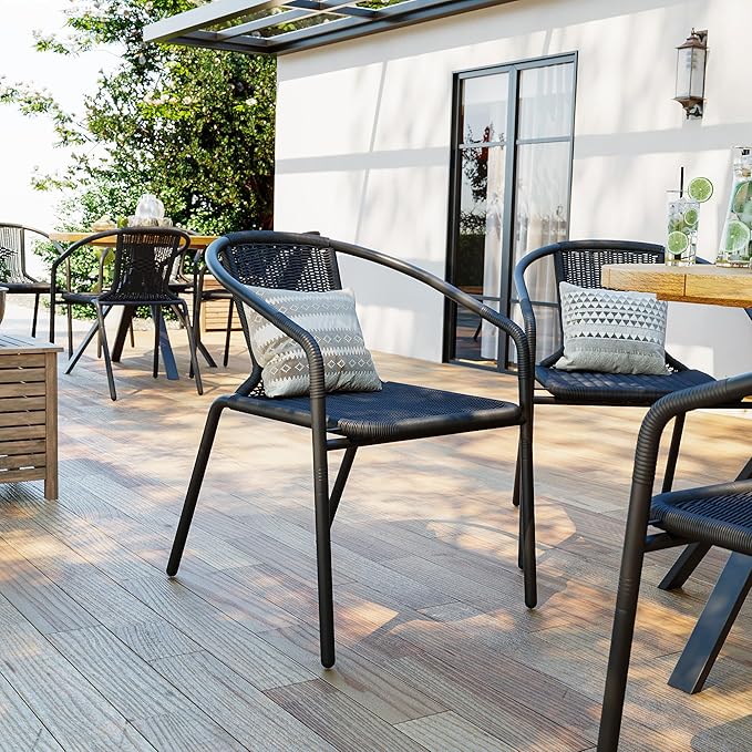 Amopatio Outdoor Dining Chairs Set of 6, Stackable Outdoor Patio Chairs, Rattan Patio Dining Chair, for Bistro, Deck, Yard, Porch, Restaurant, Black