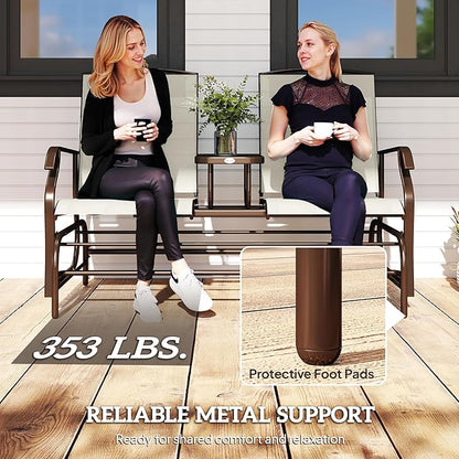 Outsunny Outdoor Glider Bench with Center Table, Metal Frame Patio Loveseat with Breathable Mesh Fabric and Armrests for Backyard Garden Porch, Beige
