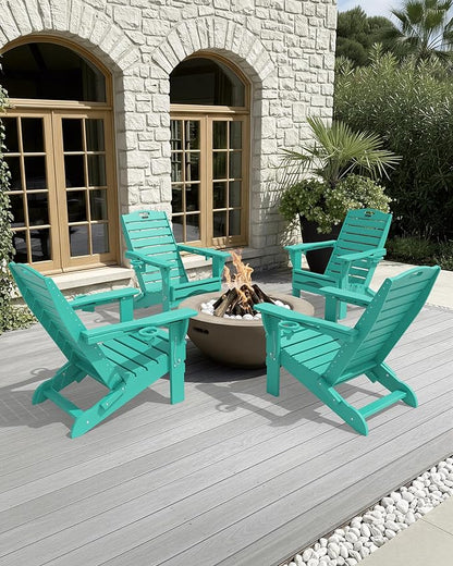 Folding Adirondack Chair with Retractable Ottoman Weather Resistant Fire Pit Chair Patio Chair with 2 Cup Holder Lawn Outdoor Lounge Chair (Lake Blue)
