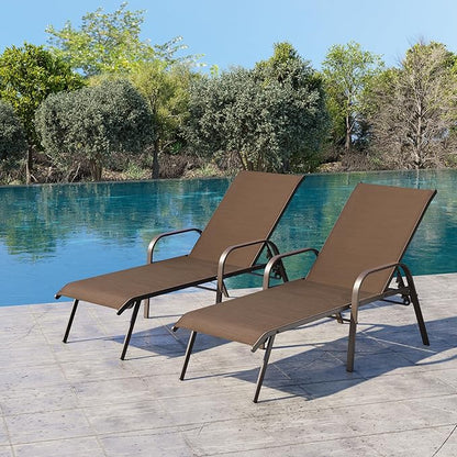 Crestlive Outdoor Chaise Lounge Chair,5-Position Pool Lounge Chairs with Armrests Sunbathing Recliner for Patio,Beach,Deck,Yard (2PC Brown)