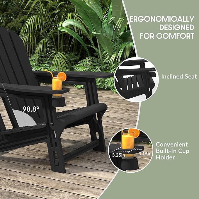 WestinTrends Tool-Free Assembly Outdoor Patio HDPE Plastic Adirondack Chair with Cup Holder, Black