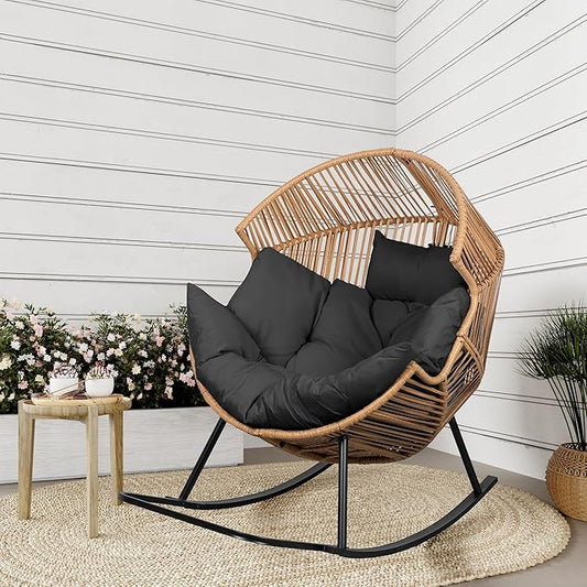 Shintenchi Wicker Egg Chair,Outdoor Indoor Rocking Chair,Large PE Rattan Rocking Chair with Cushion for Patio, Balcony, Backyard, Garden,Deep Grey