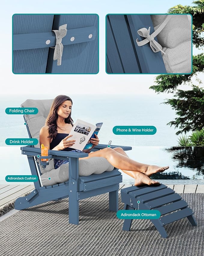 SERWALL Folding Adirondack Chairs with Cushions - Set of 4, Memory Foam Cushions - Blue/Gray - Photo 3