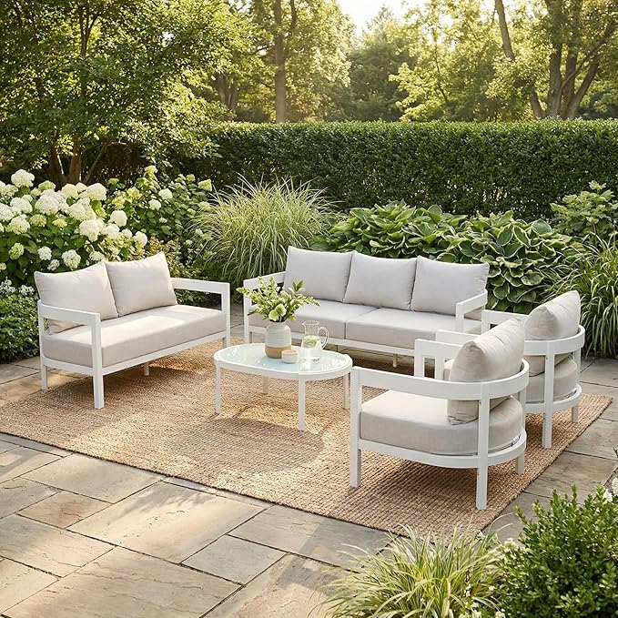 Merax 5 Piece Patio Outdoor Furniture Set, All-Weather Curved Aluminum 3-Seater Sofa Bed, Loveseat Sofa - Photo 2