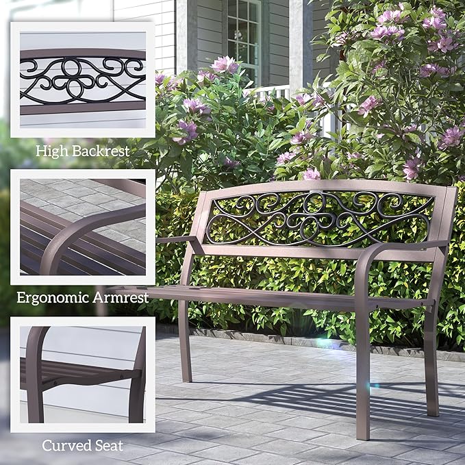 Outsunny 50" Outdoor Bench, Metal Garden Bench with Floral Pattern Backrest, Porch Bench with Slatted Seat for Park, Yard, Lawn, Brown