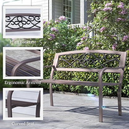 Outsunny 50" Outdoor Bench, Metal Garden Bench with Floral Pattern Backrest, Porch Bench with Slatted Seat for Park, Yard, Lawn, Brown