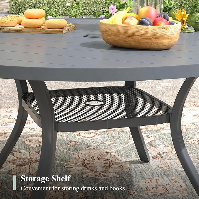 47.2" Patio Dining Table for 6, Round Outdoor Metal Dining Table with Umbrella Hole for Lawn Garden Backyard, Dark Grey