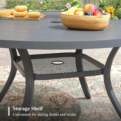 47.2" Patio Dining Table for 6, Round Outdoor Metal Dining Table with Umbrella Hole for Lawn Garden Backyard, Dark Grey