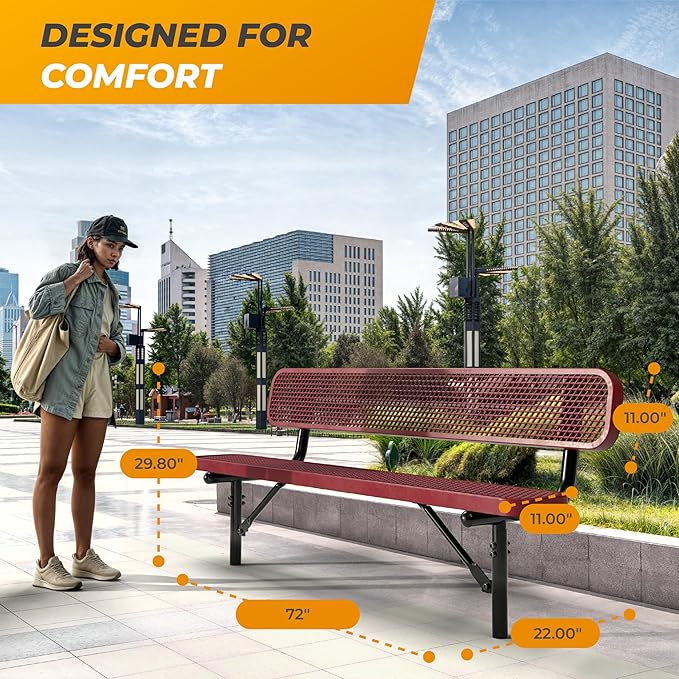 Heavy-Duty Outdoor Metal Bench, Thermoplastic-Coated, Inground, Weatherproof, Commercial-Grade for Parks, Gardens - Photo 4