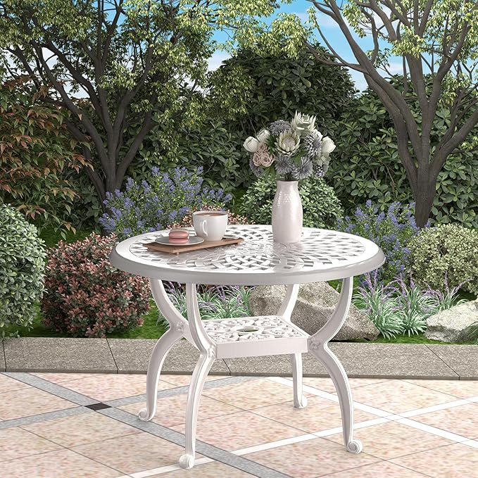Round Outdoor Coffee Table, Cast Aluminum Side Table with Storage,Indoor End Table, All-Weather Bistro Table for Patio Garden Lawn,White