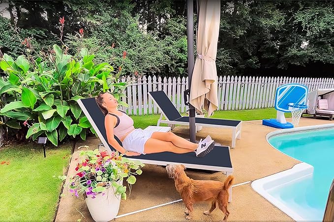 PURPLE LEAF Outdoor Chaise Lounge Set Elderly-Friendly Straight Legs Adjustable Sunbathing Recliner with Side Table for Back Support Poolside Beach Patio Lounge Chairs Navy Blue