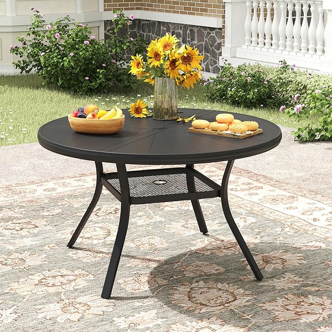 Outdoor Patio Round Dining Table for 4, 40.7" x 40.7" Sleek Aluminum Dining Table with Umbrella Hole for Backyard Garden Lawn Deck, Black