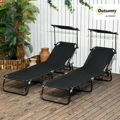 Outsunny Folding Chaise Lounge Pool Lounge Chairs Set of 2, Outdoor Sun Tanning Chairs with Canopy Shade, Reclining Back, Steel Frame and Side Pocket for Beach, Yard, Patio, Black