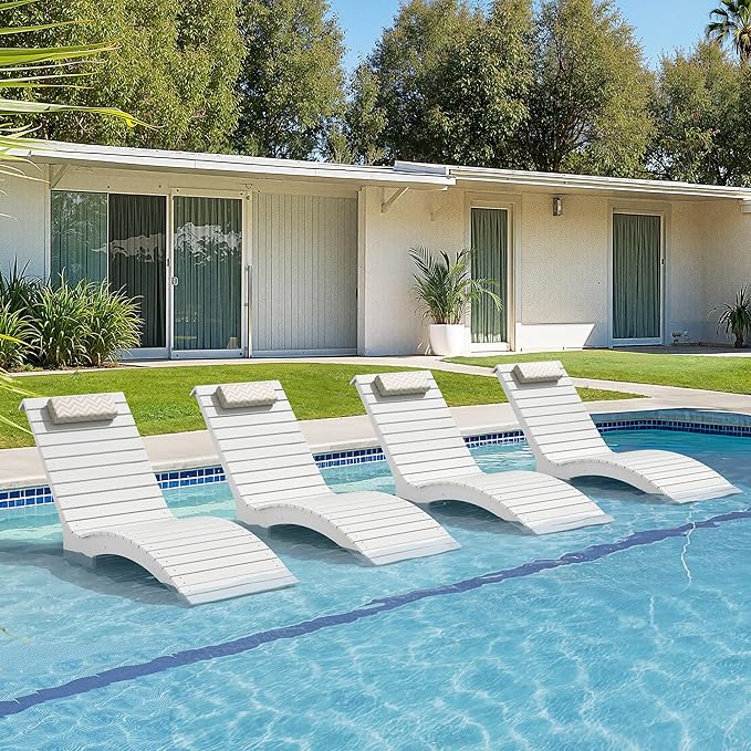 Pool Lounge Chairs Outdoor Set of 4，HDPS Long Pool Chairs for in Pools, Weighted All Weather Tanning Chair with Headrest，Chaise Lounge for Outside Beach Patio Sun Bathing Hotel, White