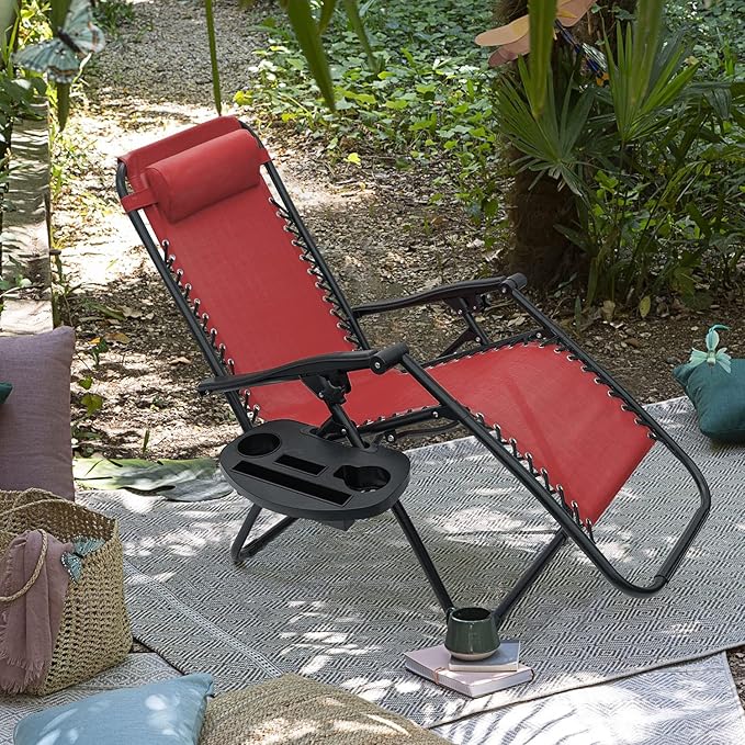 Kemon Zero Gravity Folding Lounge Outdoor Patio Adjustable Reclining Chair with Pillows and Cup Holders for Beach Set of 2, Red,KM-CRDVC