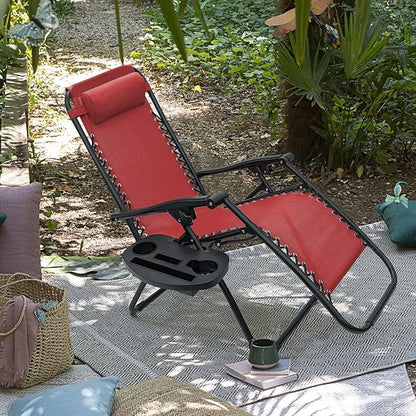 Kemon Zero Gravity Folding Lounge Outdoor Patio Adjustable Reclining Chair with Pillows and Cup Holders for Beach Set of 2, Red,KM-CRDVC