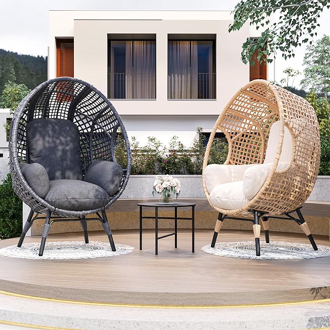 Oversized Wicker Egg Chair Outdoor Indoor Rattan Patio Egg Lounge Chairs with Cushion 500lbs Capacity for Living Room, Balcony, Backyard(Beige)