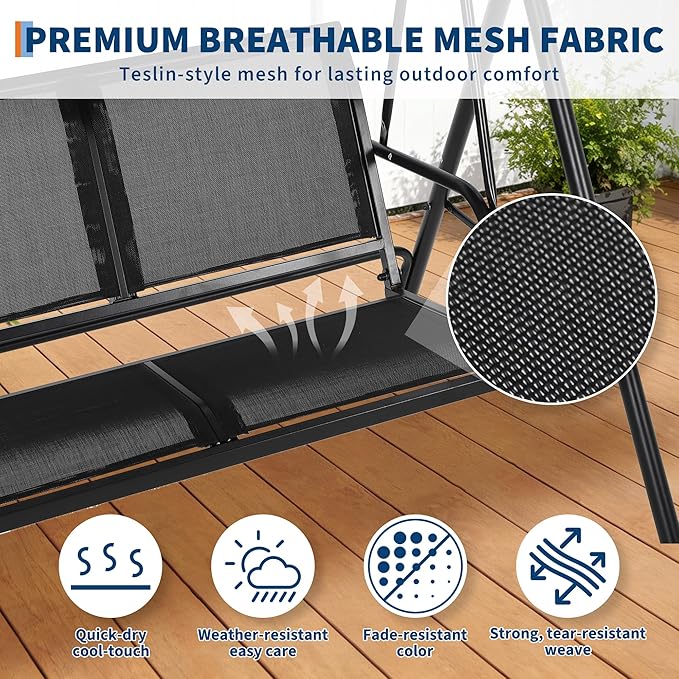 Porch Swing with Adjustable Canopy for Adults 2-Seat Outdoor Waterproof Textilene & Steel Frame Patio Swing Bench for Backyard Lawn Garden Black