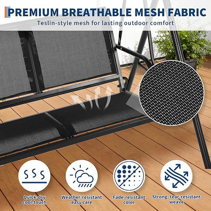 Porch Swing with Adjustable Canopy for Adults 2-Seat Outdoor Waterproof Textilene & Steel Frame Patio Swing Bench for Backyard Lawn Garden Black