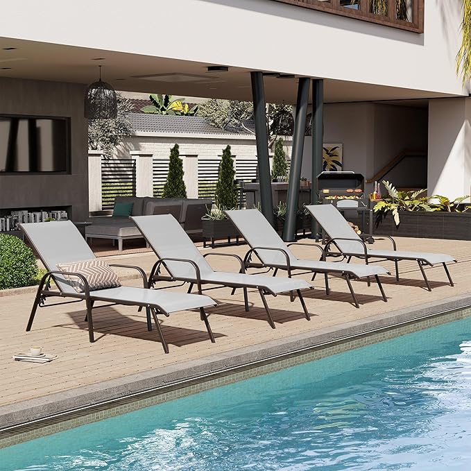 Crestlive Outdoor Chaise Lounge Chair,5-Position Pool Lounge Chairs with Armrests Sunbathing Recliner for Patio,Beach,Deck,Yard (4PC Brown)